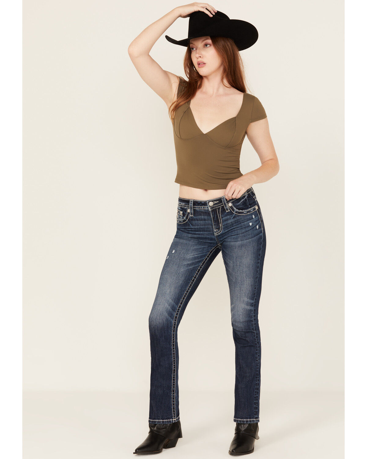 Image #3 - Miss Me Women's Dark Wash Snowflake Embroidered Slim 32" Bootcut Stretch Denim Jeans, Dark Wash, hi-res