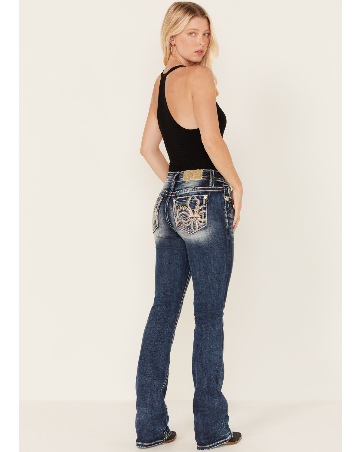 Image #1 - Miss Me Women's Medium Wash Mid Rise Embroidered Sequin Bootcut Stretch Denim Jeans, , hi-res