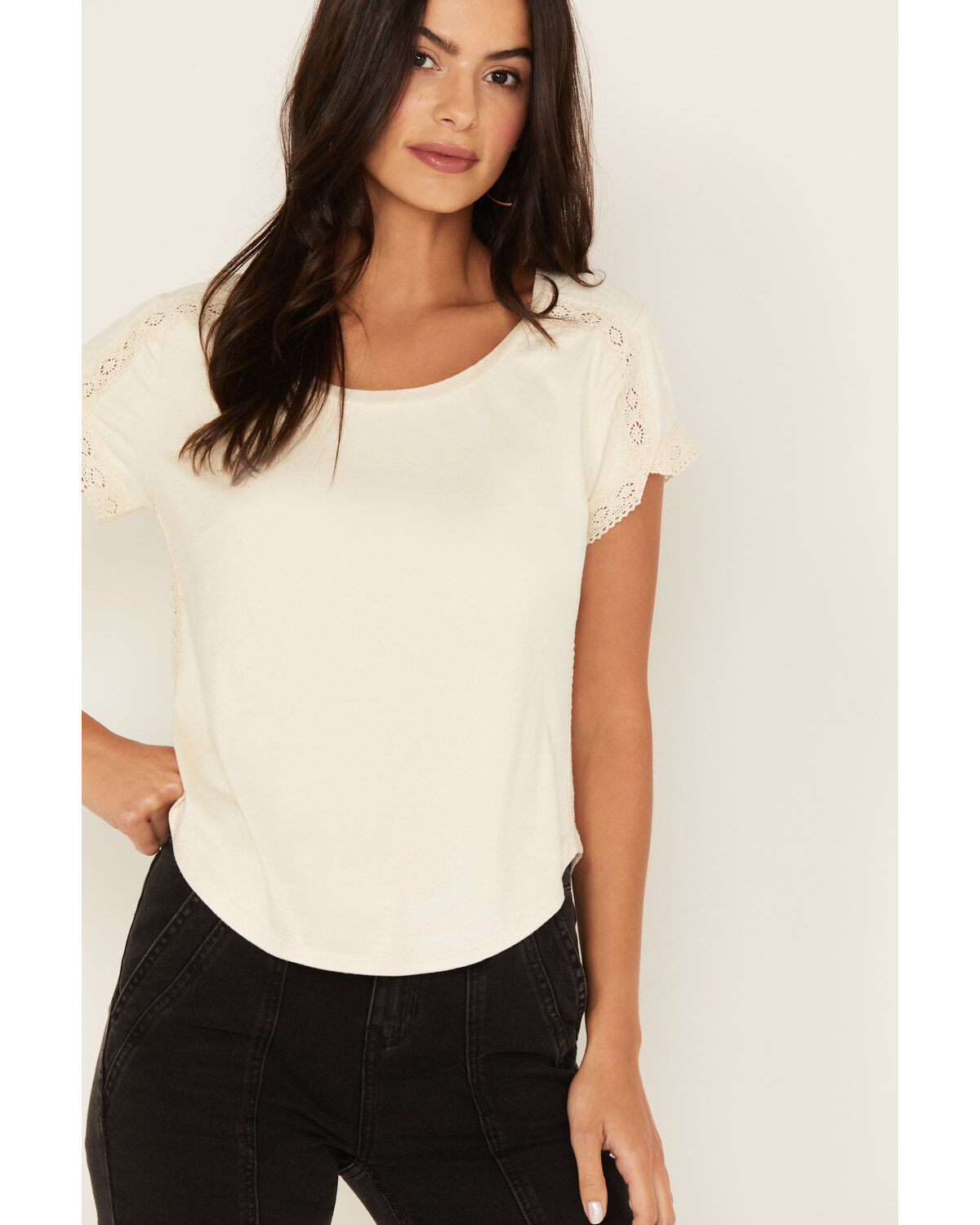 Image #3 - Shyanne Women's Crochet Trim Short Sleeve Faux Suede Tee, , hi-res