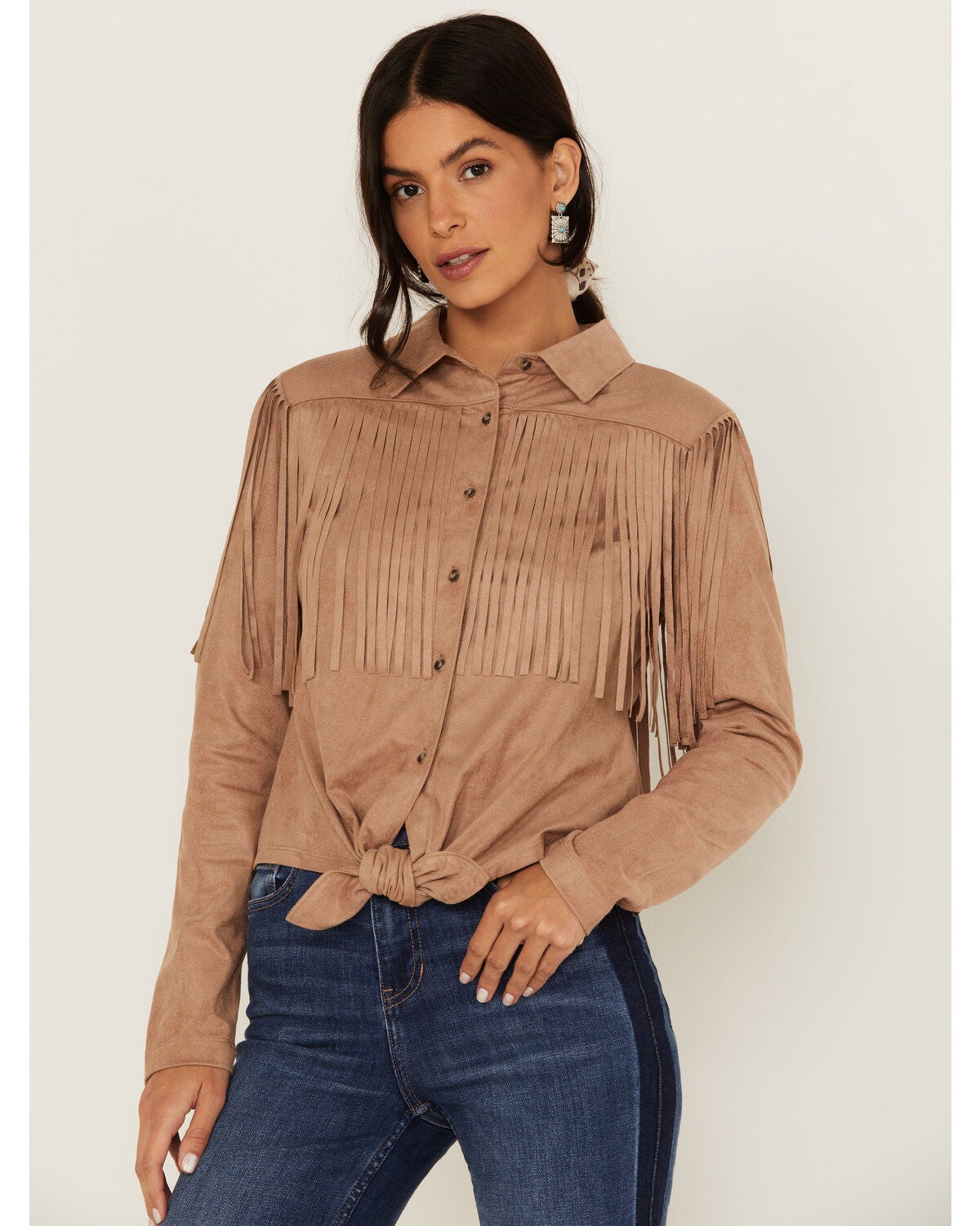 Idyllwind Women's Fate Tie-Front Faux Suede Fringe Shirt, Tan, hi-res