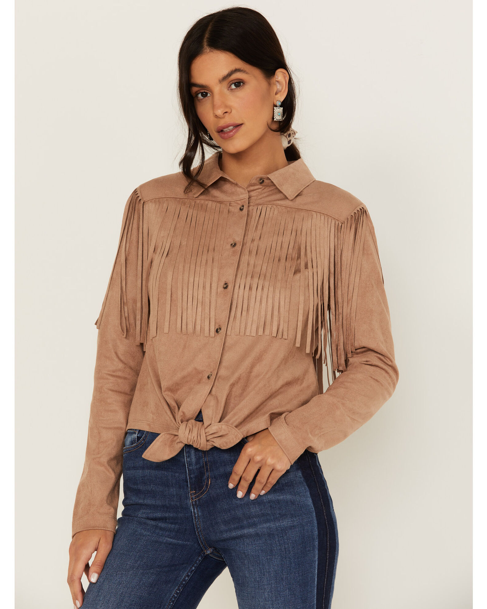 Idyllwind Women's Fate Tie-Front Faux Suede Fringe Shirt
