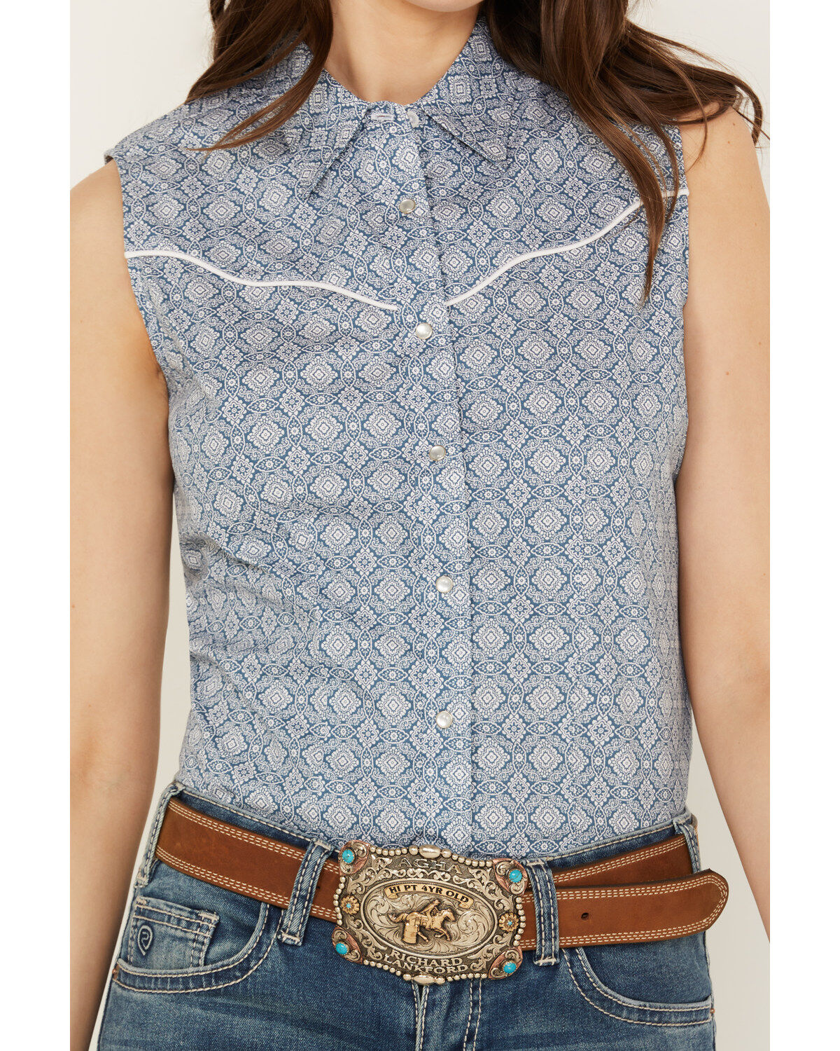 Product Name:  Ely Walker Women's Medallion Print Sleeveless Pearl Snap Western Shirt