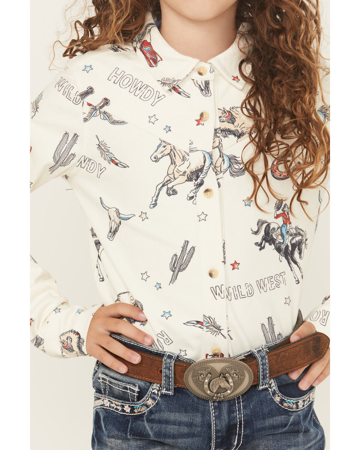 Image #3 - Shyanne Girls' Conversation Print Long Sleeve Button-Down Faux Suede Western Shirt, Ivory, hi-res