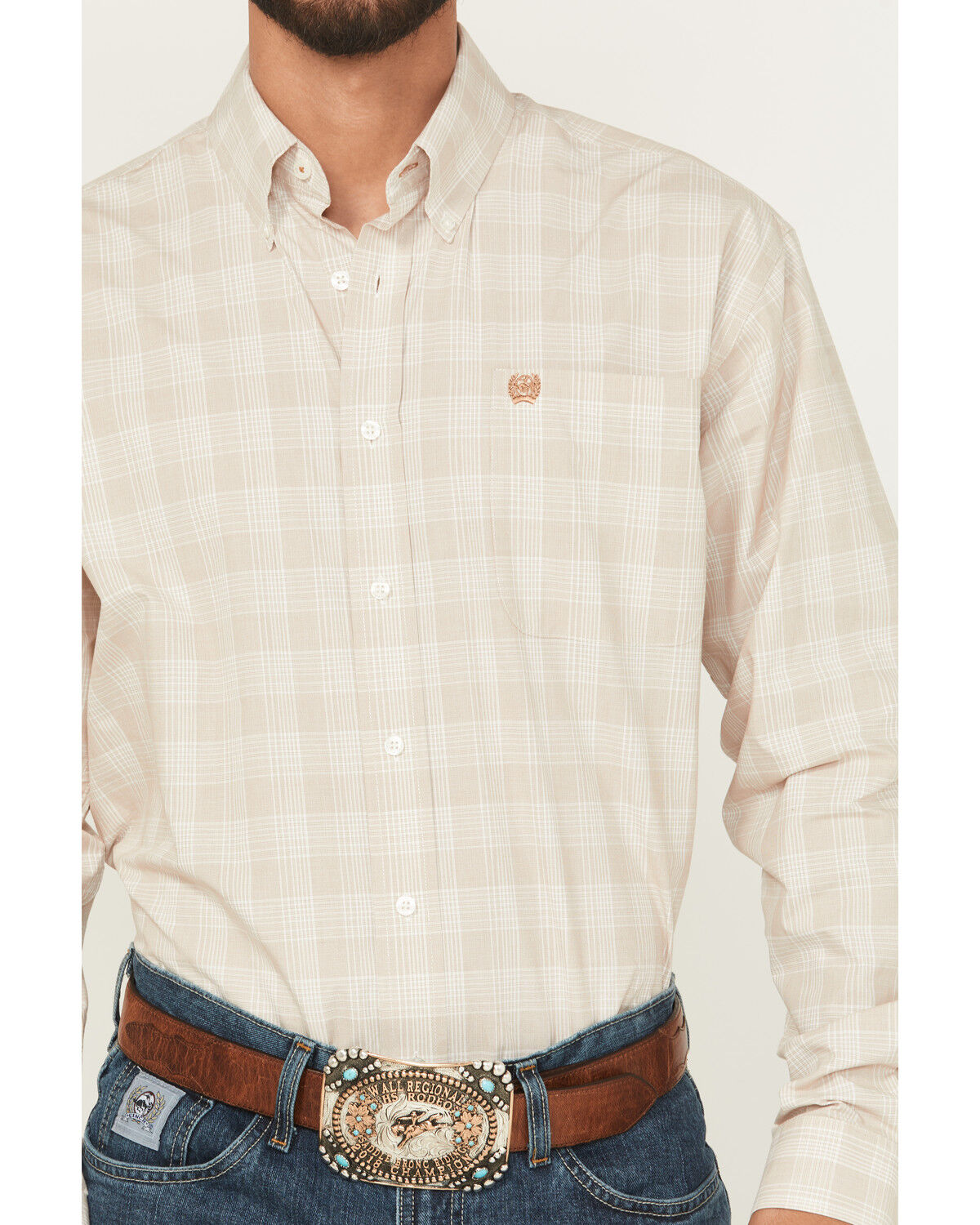 Image #3 - Cinch Men's Plaid Print Long Sleeve Button-Down Western Shirt, Oatmeal, hi-res