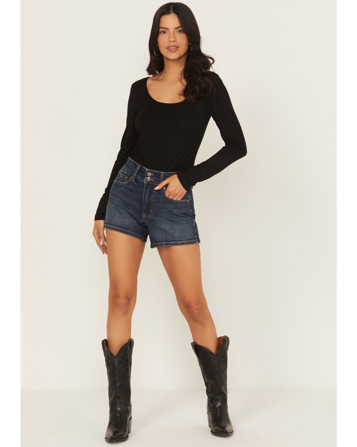 Shyanne Women's Faye Medium Wash High Rise Comfort Stretch Denim Shorts, Medium Wash, hi-res