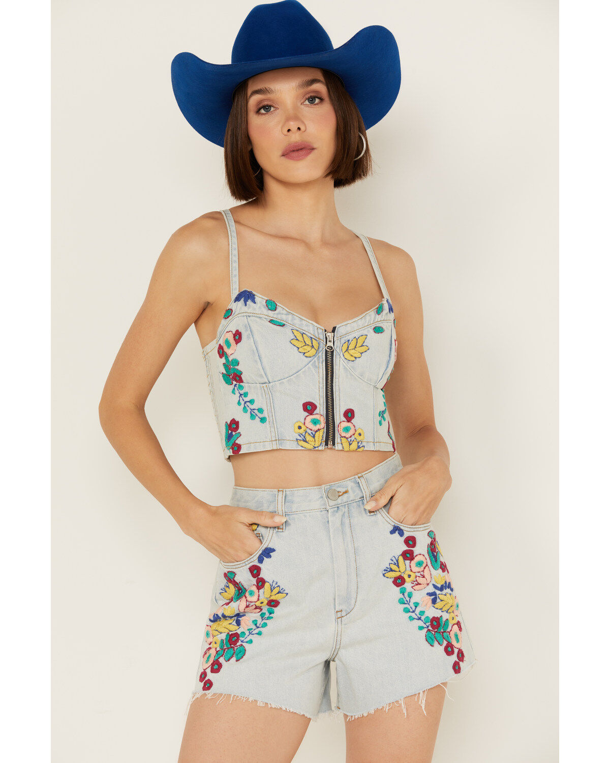 Image #1 - Blank NYC Women's Light Wash Picnic Date Embroidered Denim Crop Top, , hi-res