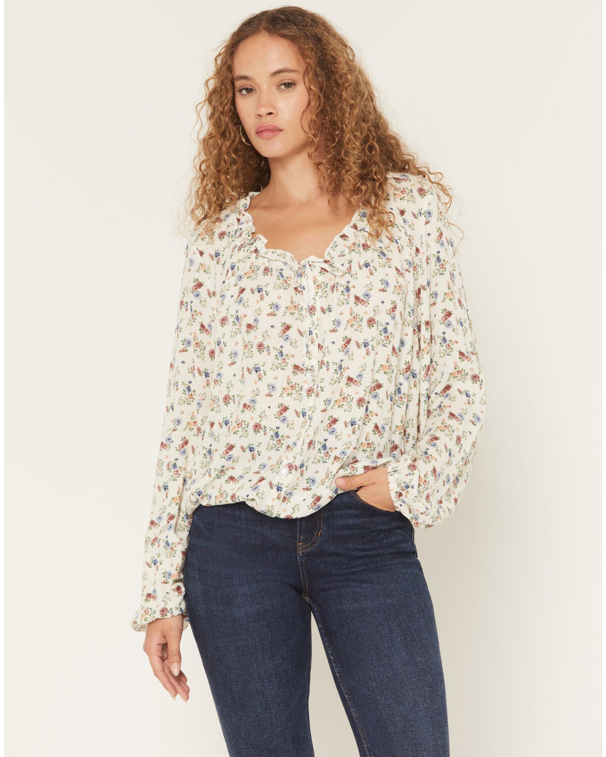 Wild Moss Women's Floral Print Long Sleeve Elastic Hem Peasant Top, Ivory, hi-res