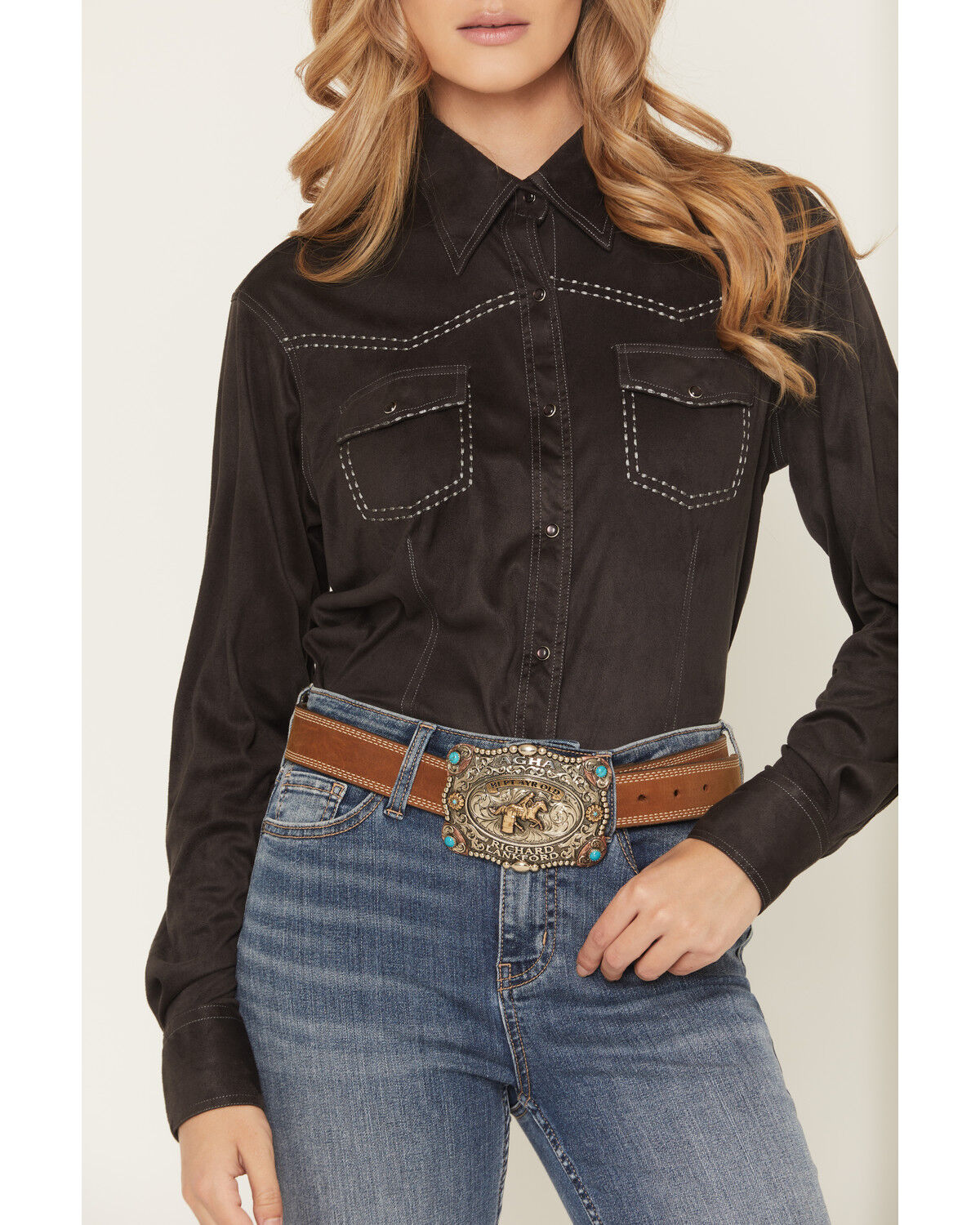 Image #3 - Cowgirl Hardware Girls' Faux Suede Long Sleeve Pearl Snap Stretch Western Shirt, Black, hi-res