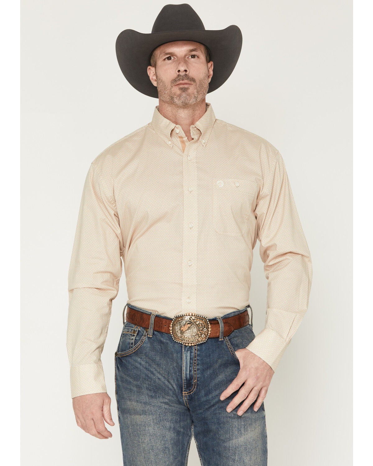 George Strait by Wrangler Men's Geo Print Long Sleeve Button-Down Stretch Western Shirt, Tan, hi-res