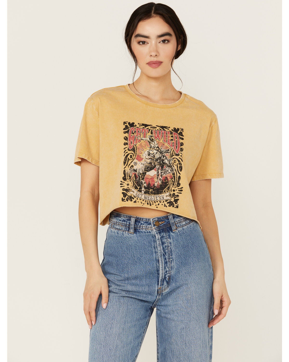 Rock 7 Roll Denim Women's Get Wild Short Sleeve Graphic Tee, Mustard, hi-res