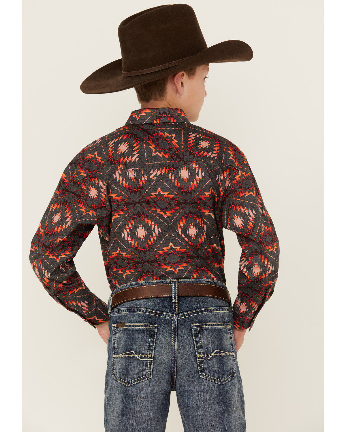 Image #4 - Panhandle Boys' Southwestern Print Long Sleeve Snap Western Shirt, Orange, hi-res