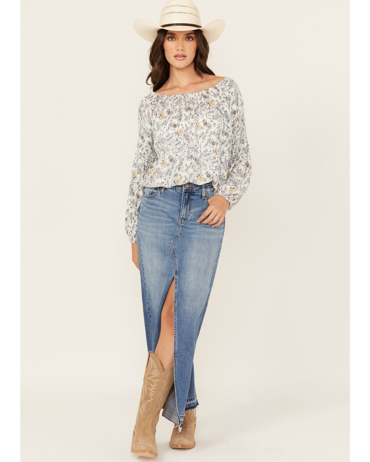 Image #1 - Shyanne Women's Medina Medium Wash Mid Rise Maxi Denim Skirt, Medium Wash, hi-res