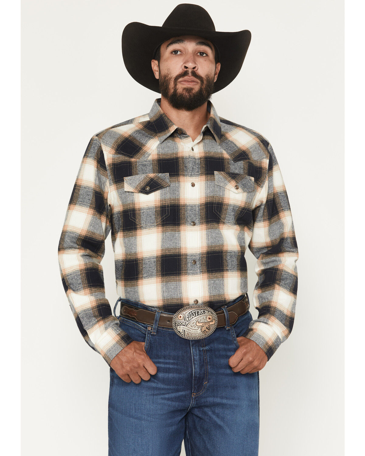 Image #1 - Cody James Men's Bull Rider Plaid Print Long Sleeve Snap Flannel Shirt, Tan, hi-res