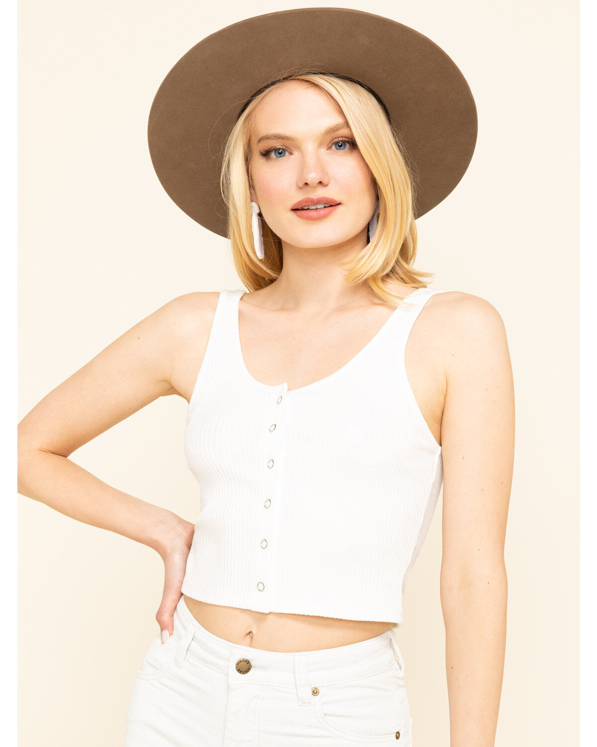 Image #1 - Miss Me Women's Ivory Ribbed Button Crop Top, , hi-res