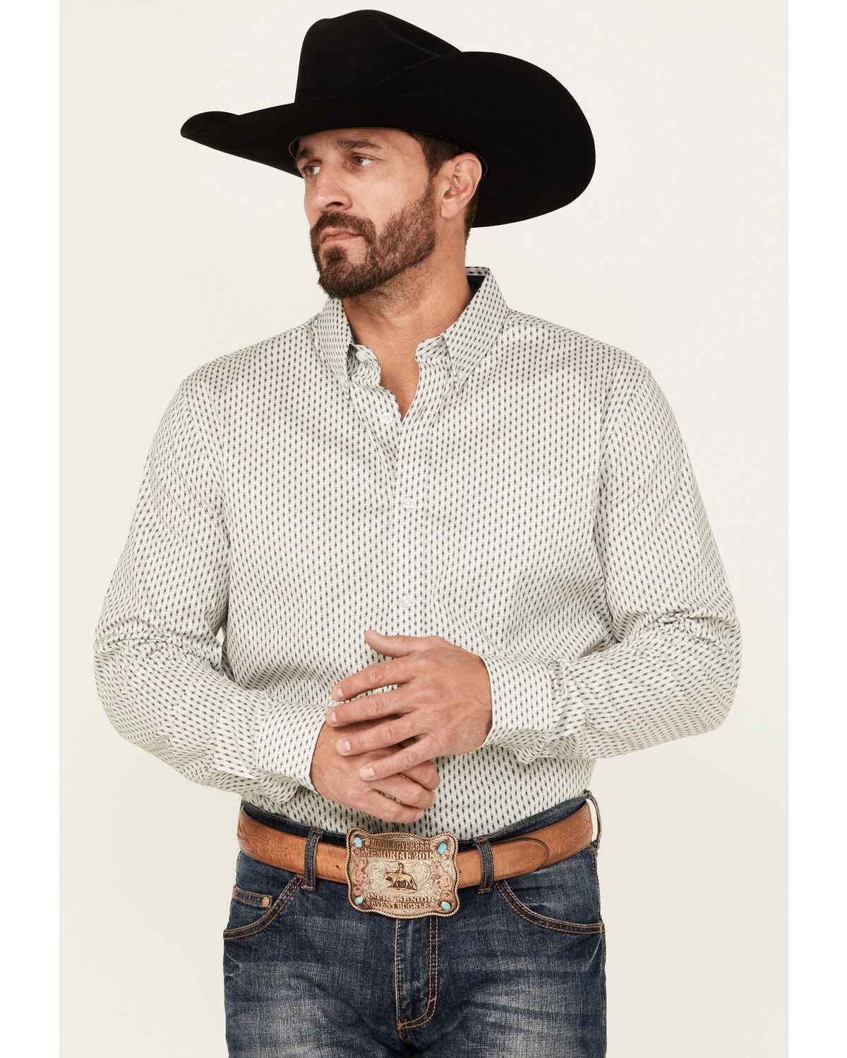 Cody James Men's Stirling Geo Print Long Sleeve Button-Down Stretch Western Shirt, White, hi-res