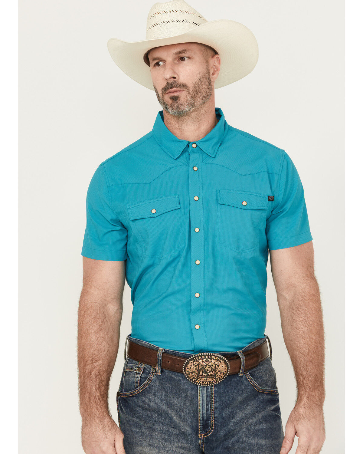 Image #1 - Rock & Roll Denim Men's Tek Solid Short Sleeve Snap Western Shirt, Turquoise, hi-res
