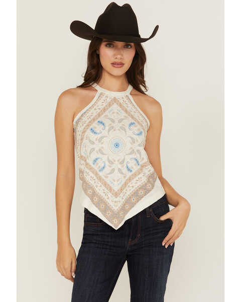 Shyanne Women's Bandana Print Halter Tank, Ivory, hi-res