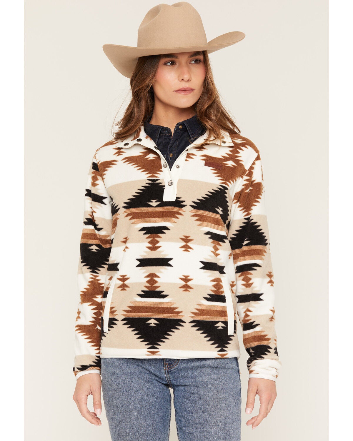 Image #1 - Cinch Women's Boot Barn Exclusive Southwestern Print Fleece Pullover, Khaki, hi-res