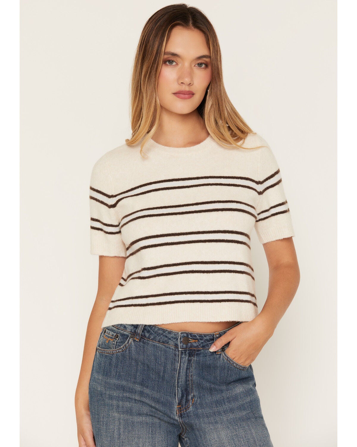 Z Supply Women's Striped Short Sleeve Sweater, Oatmeal, hi-res