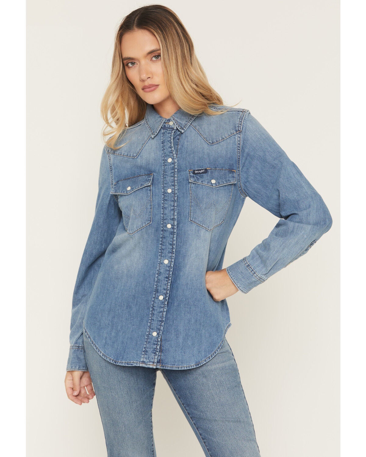 Wrangler Women's Light Wash Long Sleeve Snap Denim Shirt, Light Wash, hi-res
