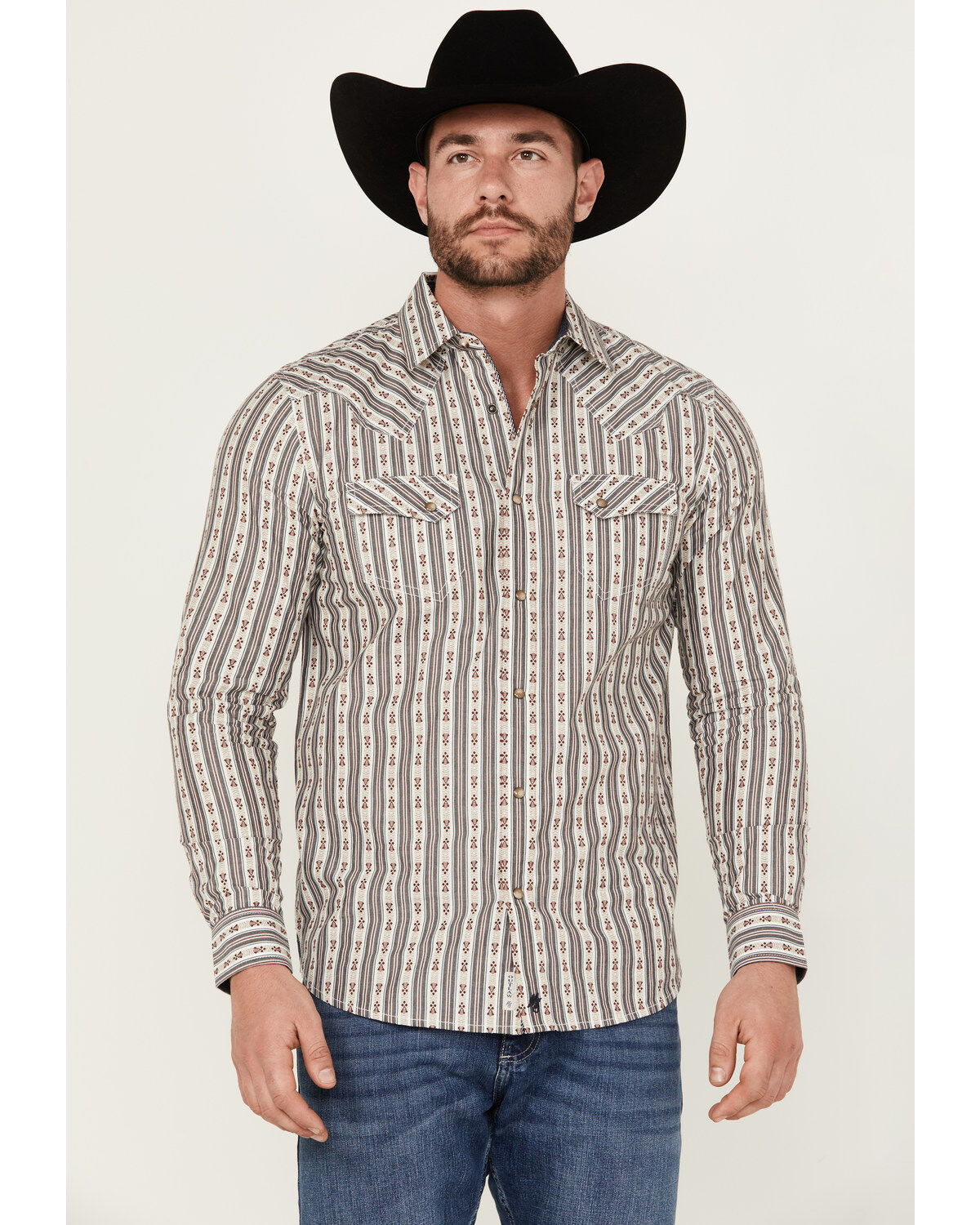 Image #1 - Moonshine Spirit Men's Southern Boy Striped Long Sleeve Pearl Snap Western Shirt, Cream, hi-res