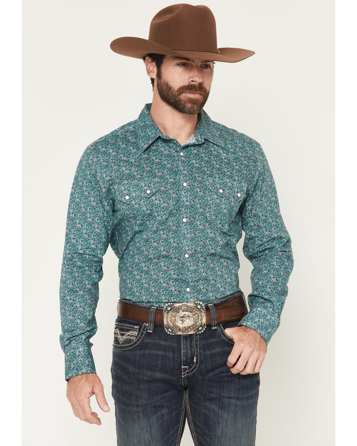 Rock & Roll Denim Men's Floral Print Long Sleeve Snap Stretch Western Shirt, Turquoise, hi-res