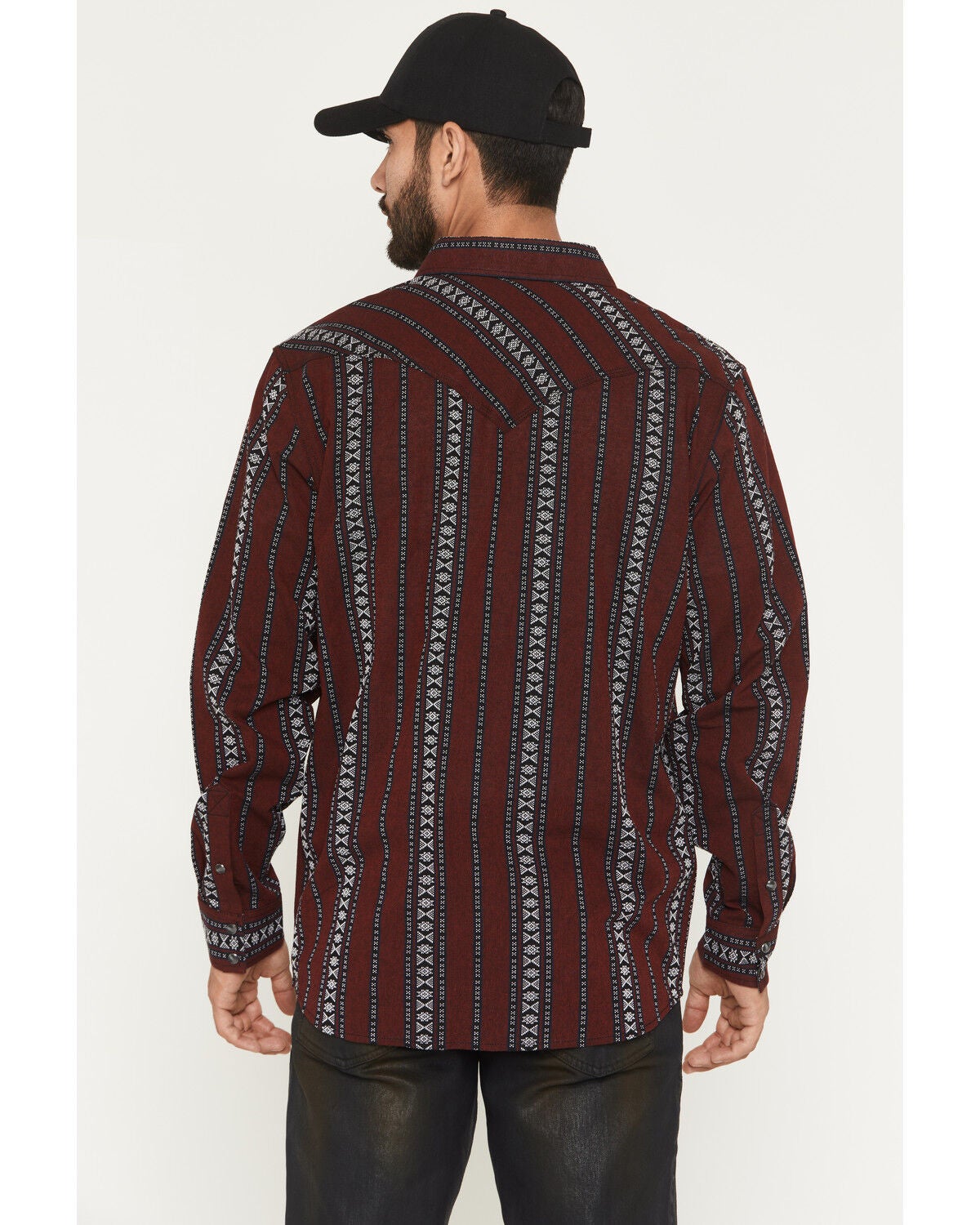 Image #4 - Moonshine Spirit&reg; Men's Guitar Strap Dobby Stripe Long Sleeve Snap Western Shirt, Burgundy, hi-res