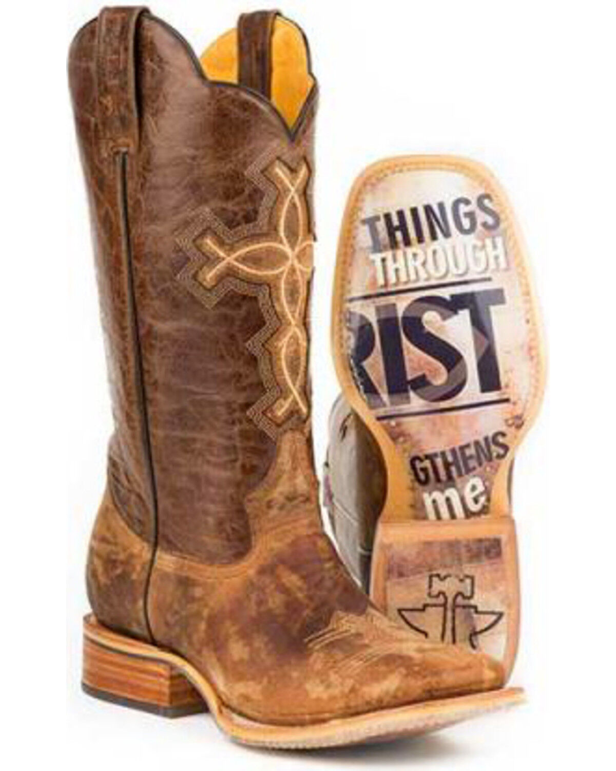 Image #2 - Tin Haul Men's Ichthys Philippians 4:13 Western Boots - Broad Square Toe, Brown, hi-res