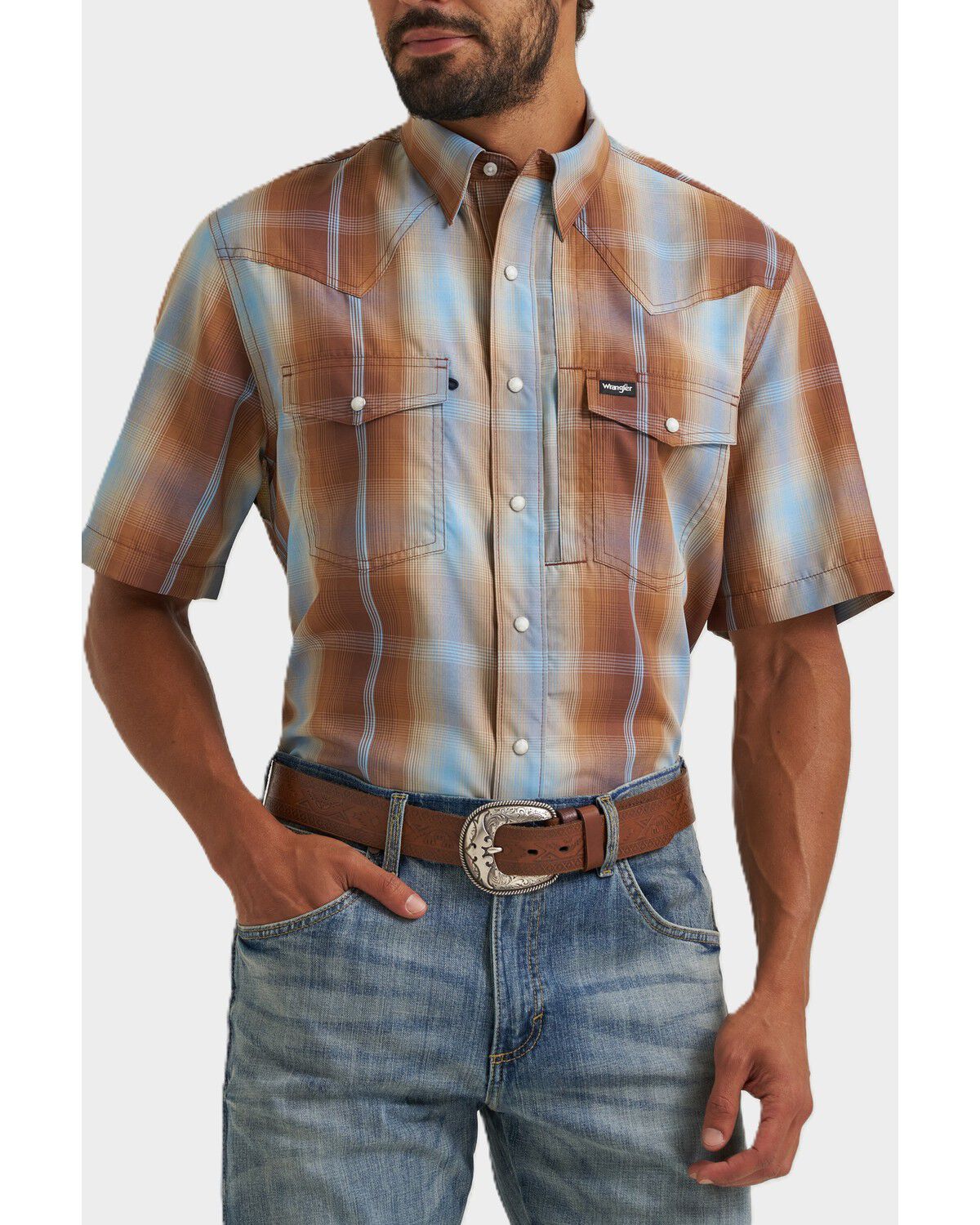 Wrangler ATG Men's Plaid Print Short Sleeve Snap Performance Western Shirt, Multi, hi-res