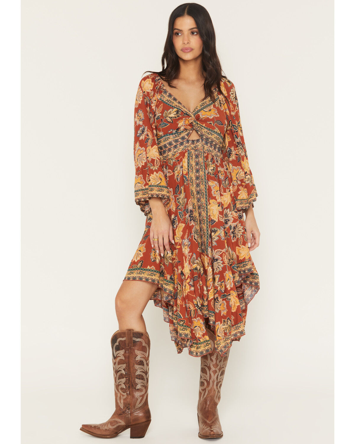Image #1 - Angie Women's Floral Knot Front Long Sleeve Midi Dress, Rust Copper, hi-res