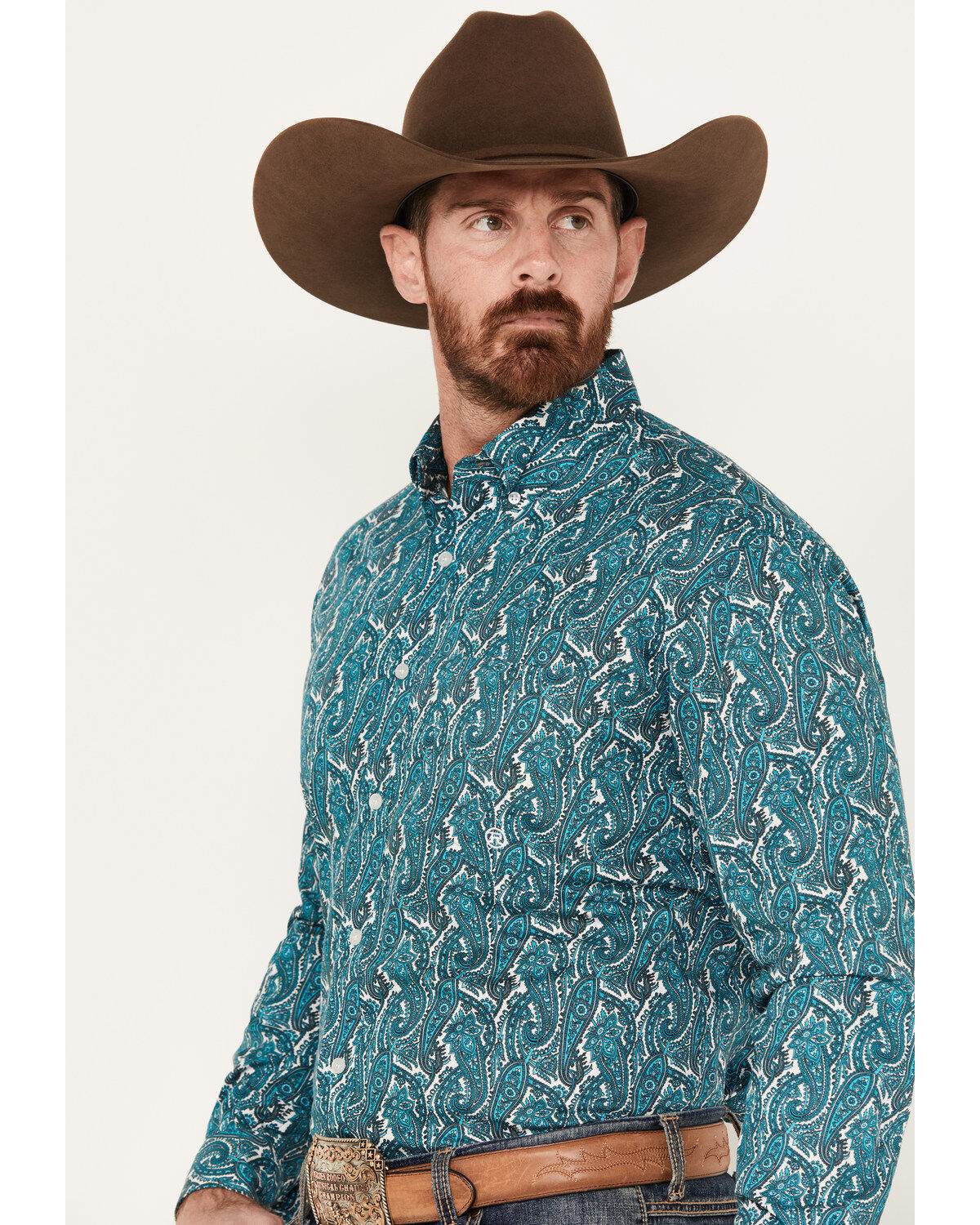 Image #2 - Roper Men's Amarillo Paisley Print Long Sleeve Button-Down Western Shirt, Teal, hi-res