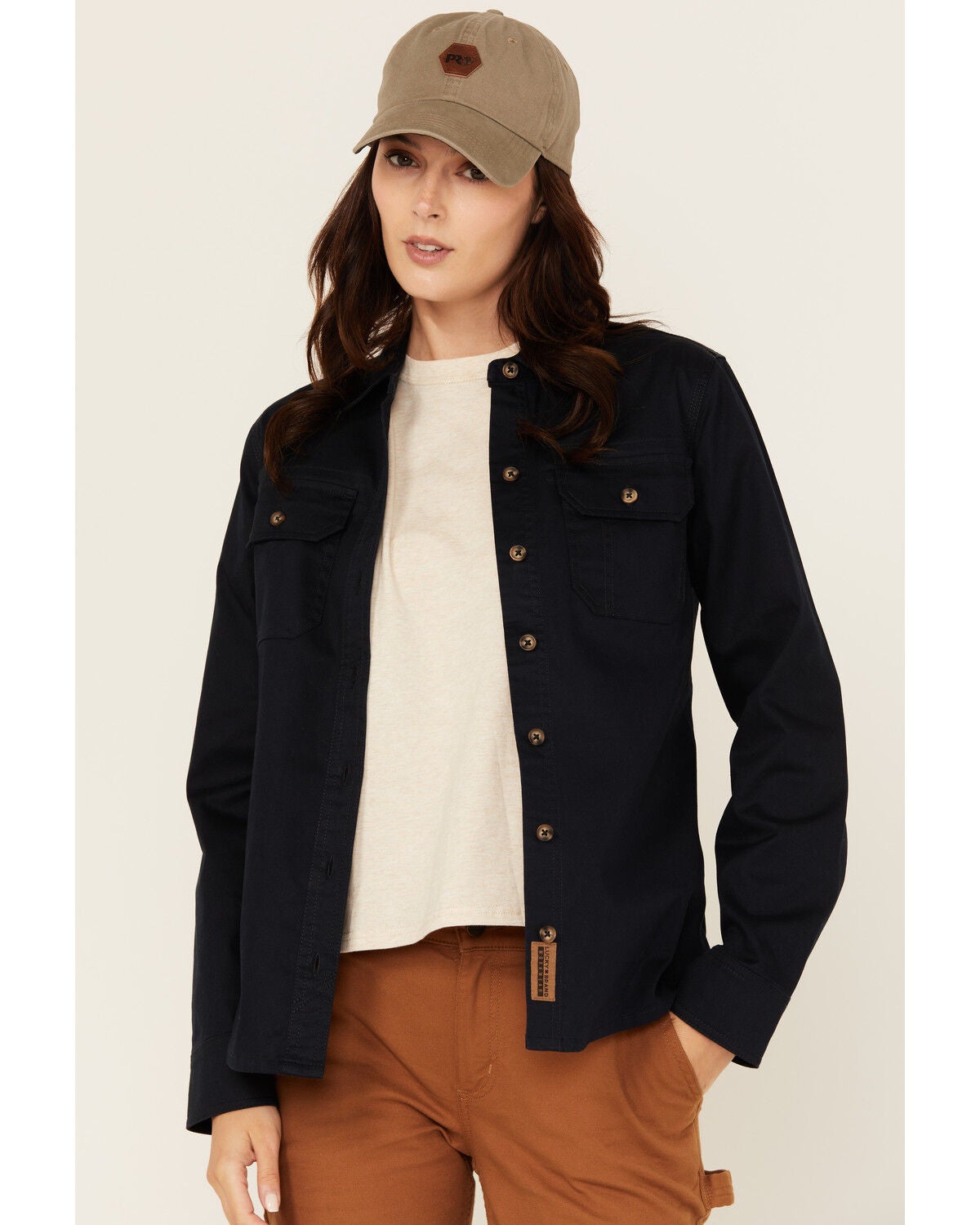 Lucky Brand Workwear Women's Solid Twill Long Sleeve Button-Down Stretch Work Shirt, Navy, hi-res