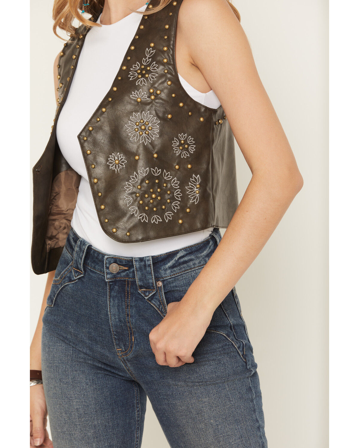 Image #3 - Fornia Women's Studded Floral Embroidered Vest, Olive, hi-res