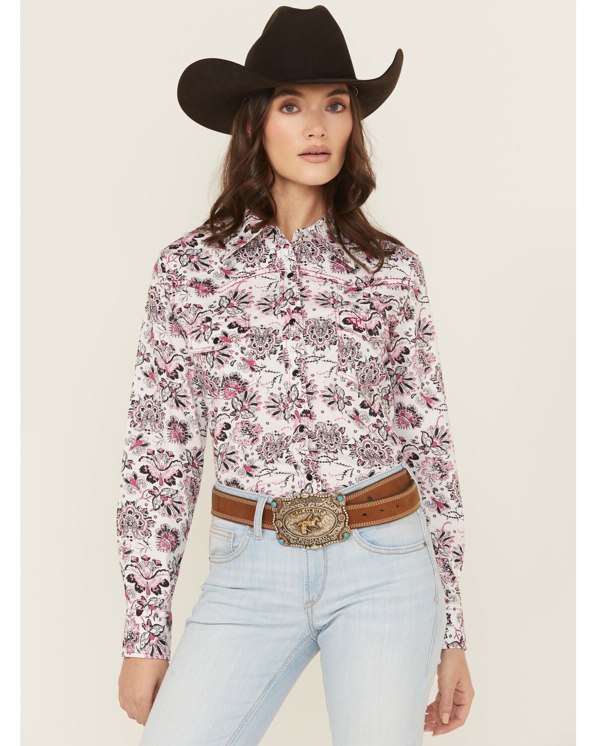 Cowgirl Hardware Women's Paisley Print Long Sleeve Snap Stretch Western Shirt, Pink, hi-res
