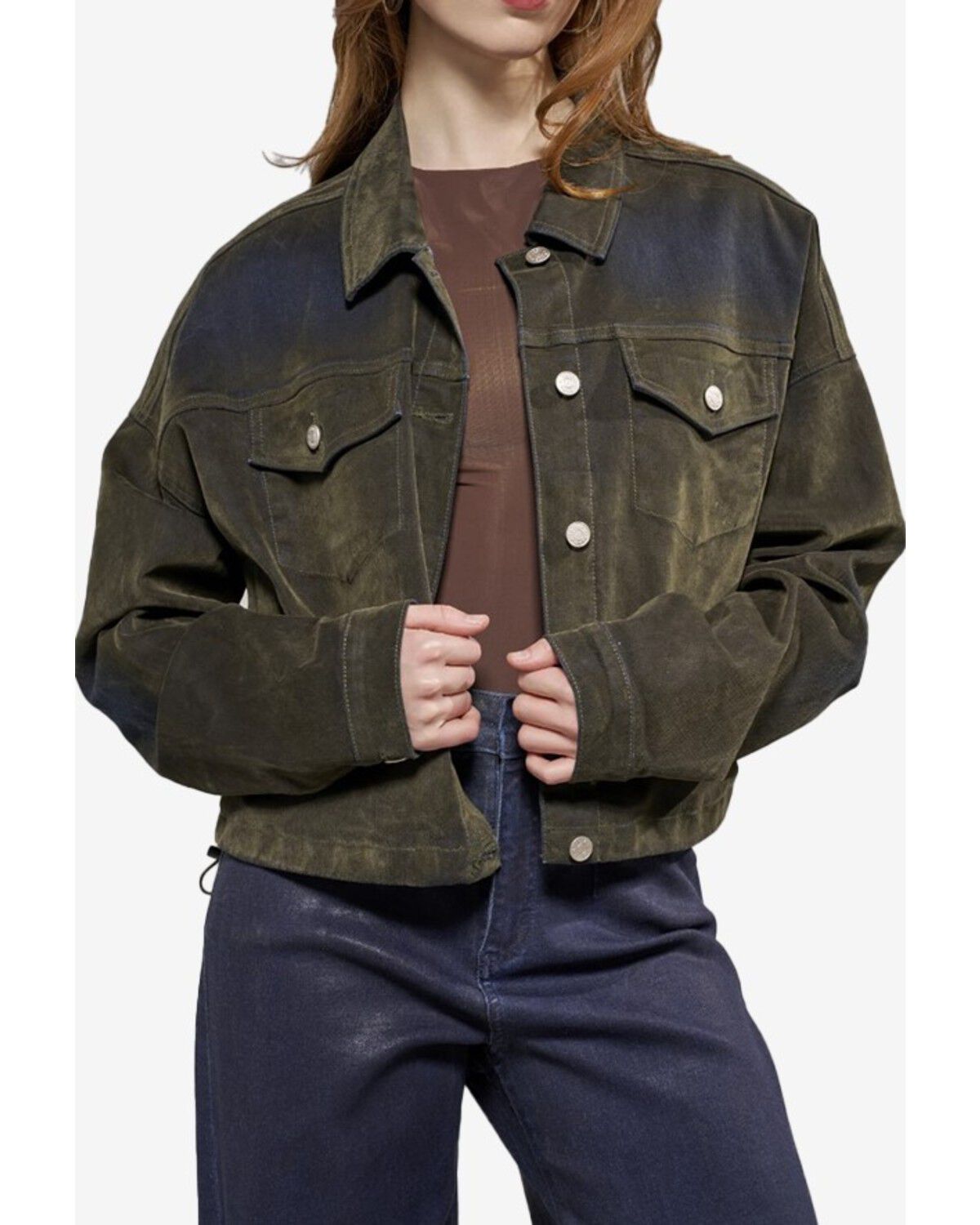 Azalea Wang Women's Velvet Button-Down Cropped Denim Jacket, Olive, hi-res