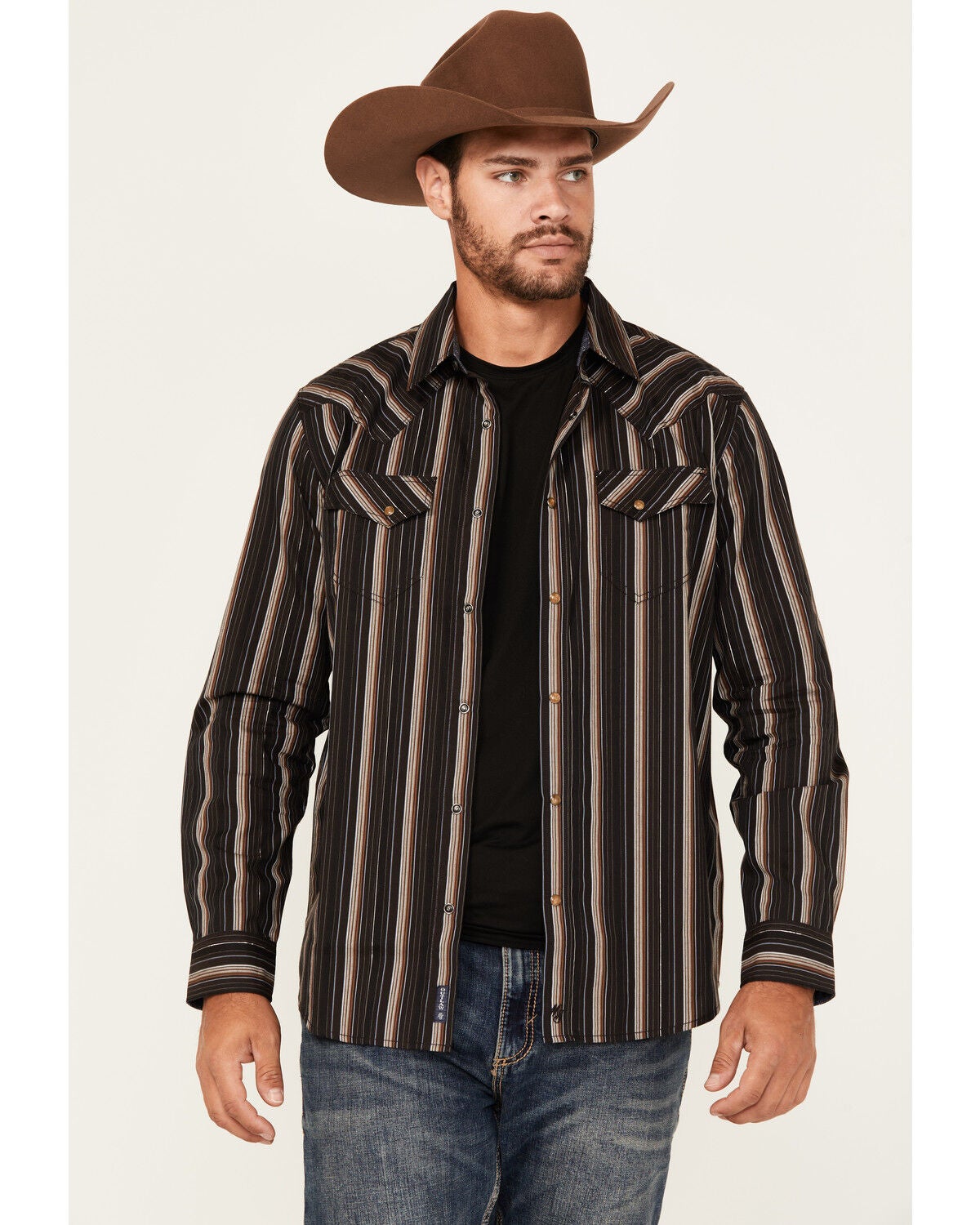 Moonshine Spirit&reg; Men's Lure Lurex Striped Print Long Sleeve Snap Western Shirt, Black, hi-res