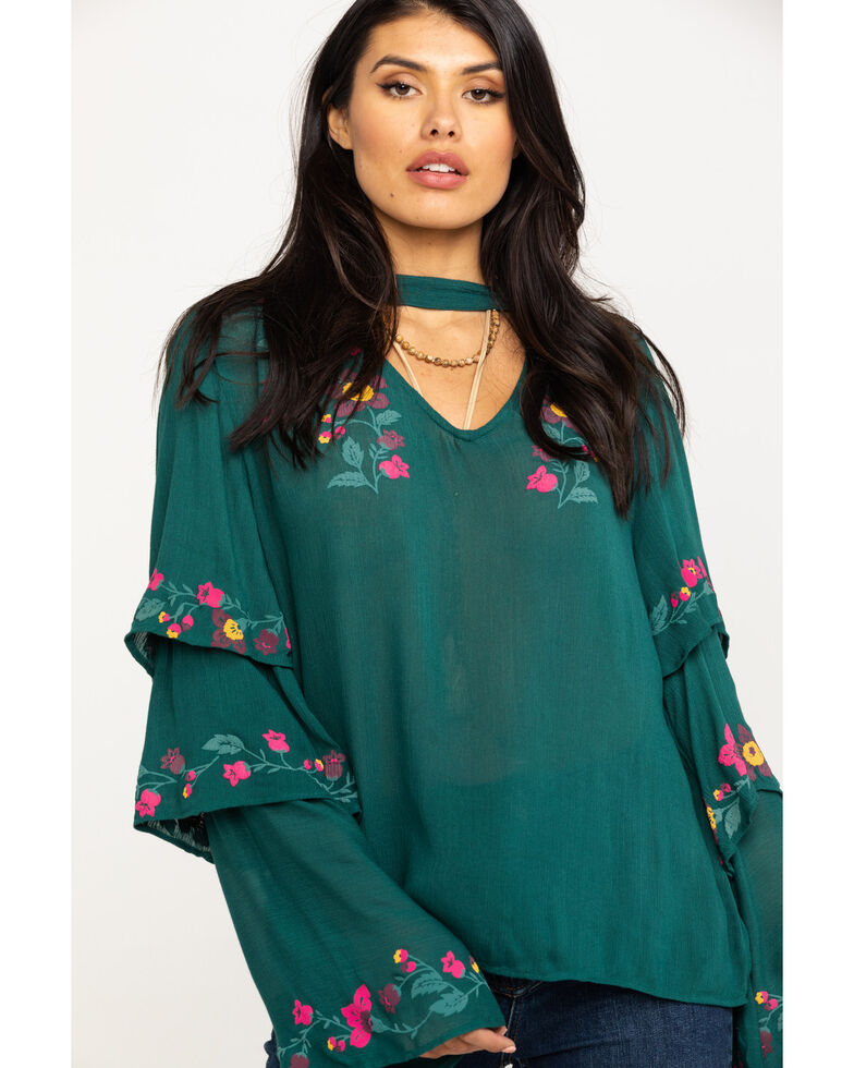 Rock Roll Cowgirl Women S Pine Tiered Floral Embroidered Top