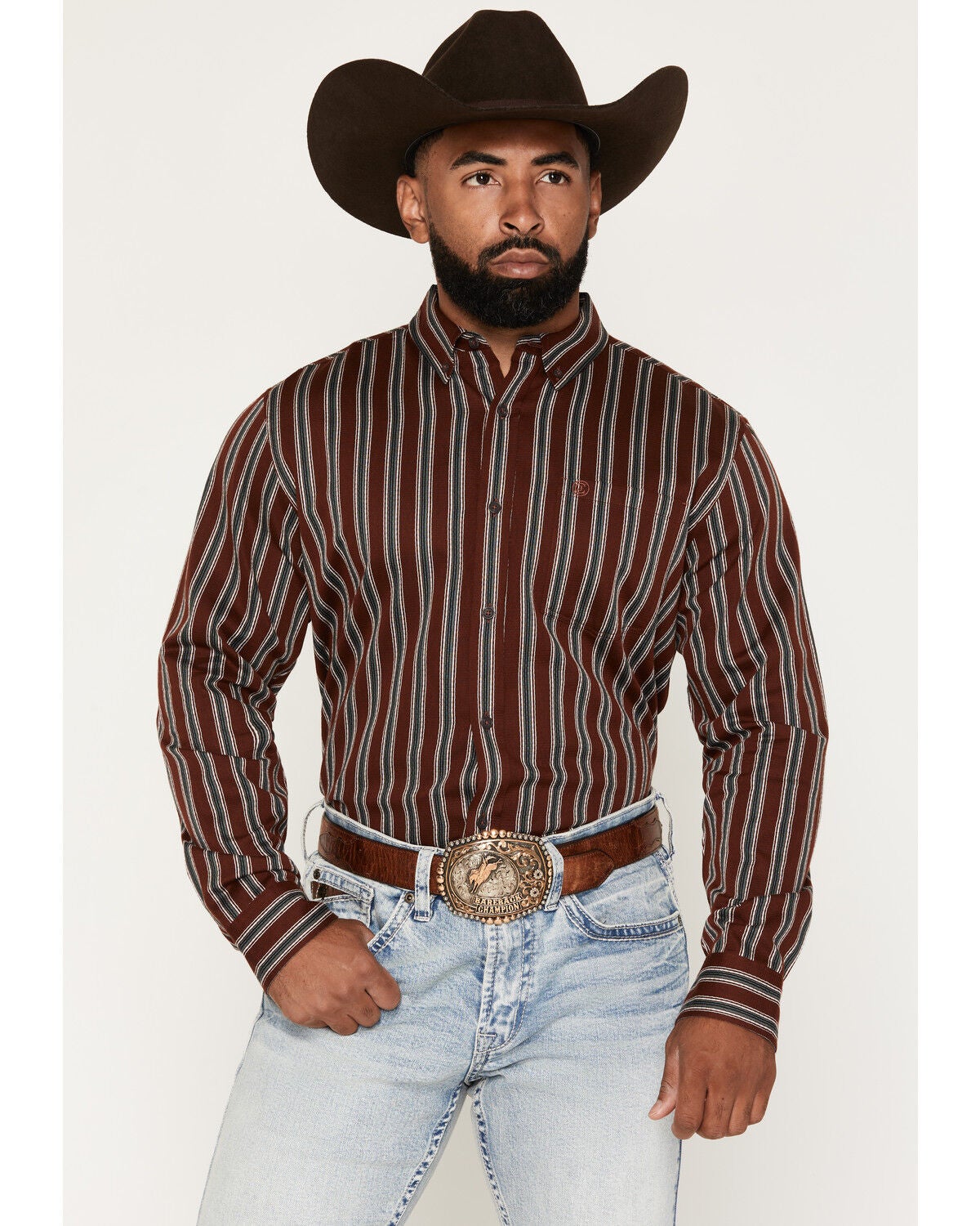 Cody James Men's Red Racer Striped Print Long Sleeve Button-Down Western Shirt, Burgundy, hi-res