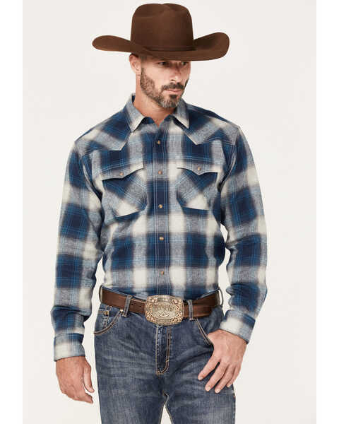 Ariat Men's Halston Retro Large Plaid Snap Western Flannel Shirt , Blue, hi-res