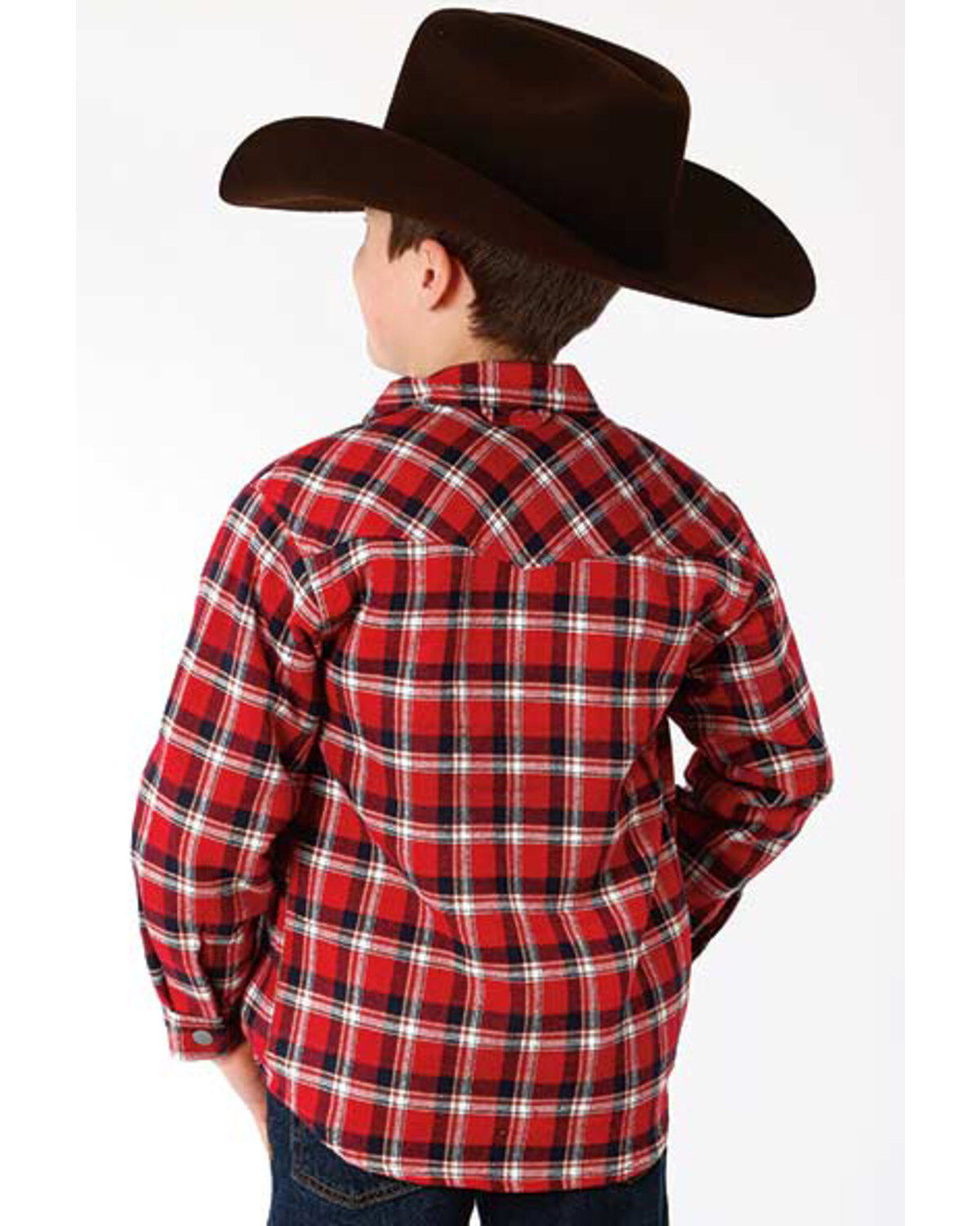 Image #2 - Roper Boys' Plaid Print Long Sleeve Snap Western Lined Shirt Jacket, Red, hi-res