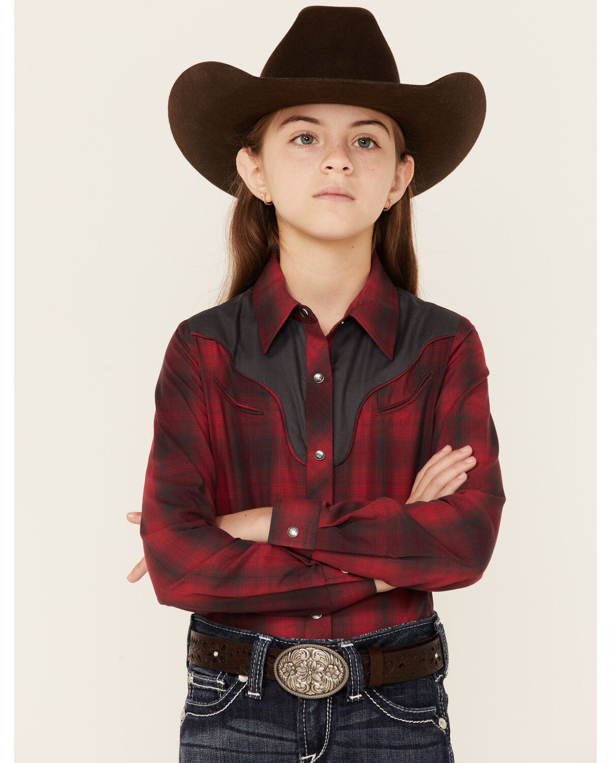 Image #1 - Roper Girls' Fancy Applique Plaid Long Sleeve Snap Western Shirt, Red, hi-res