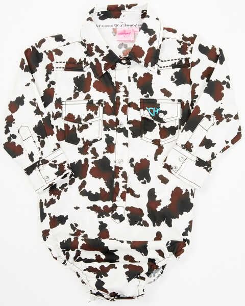 Cowgirl Hardware Infant Girls' Cow Print Long Sleeve Snap Onesie , White, hi-res