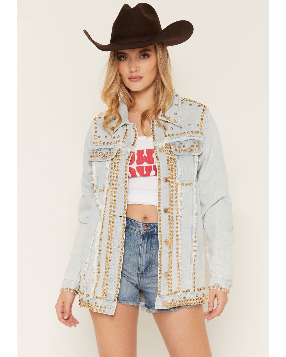 Image #1 - Azalea Wang Women's Light Wash Studded Button-Down Denim Jacket, Light Wash, hi-res