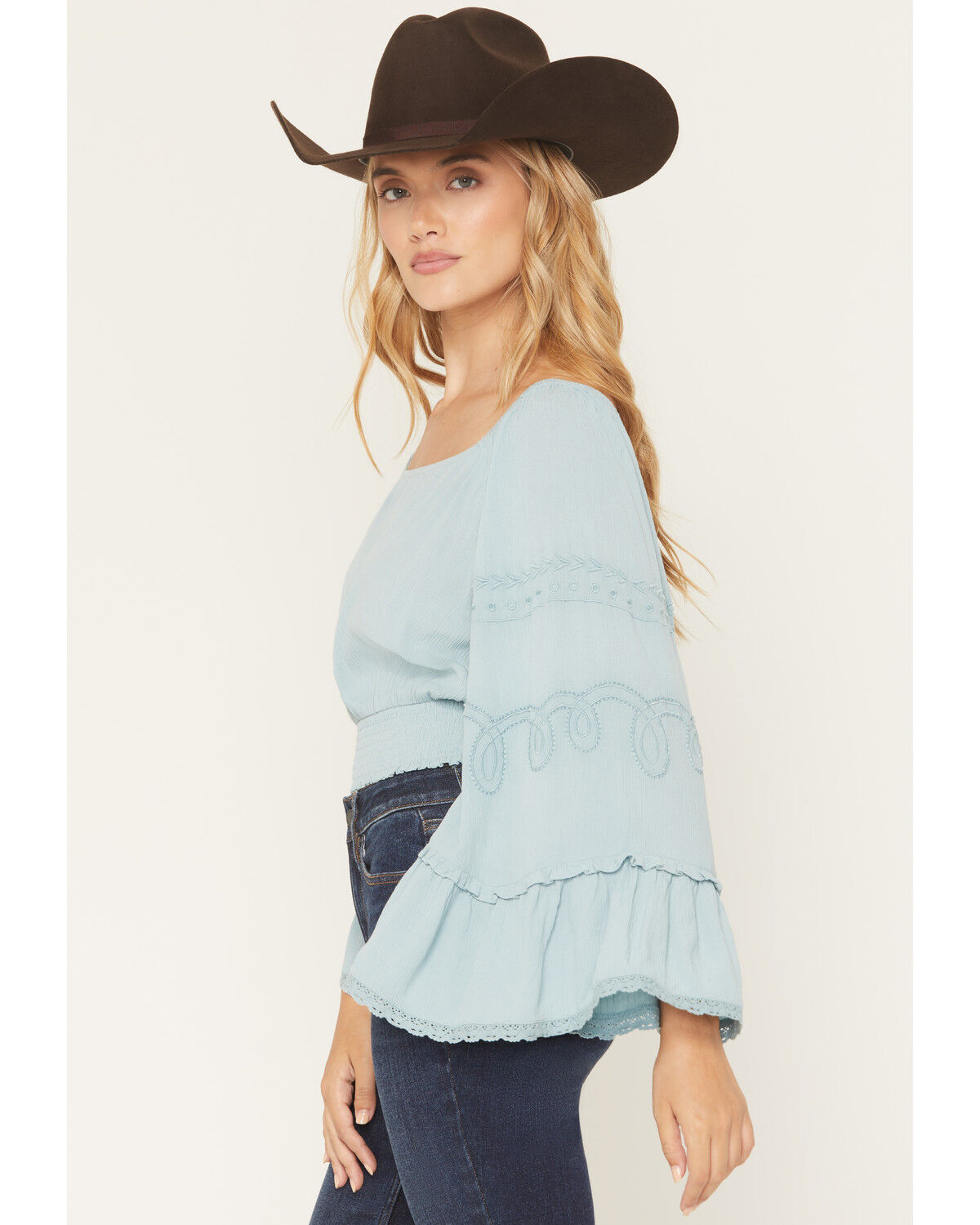 Image #2 - Shyanne Women's Pearl Embroidered Long Bell Sleeve Shirt, Aqua, hi-res