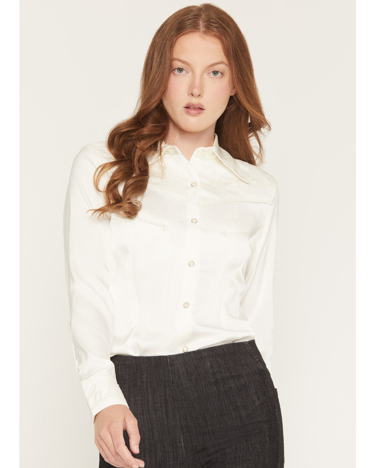 Image #5 - Wrangler X Lainey Wilson Women's Satin Star Embroidered Long Sleeve Snap Western Shirt, White, hi-res