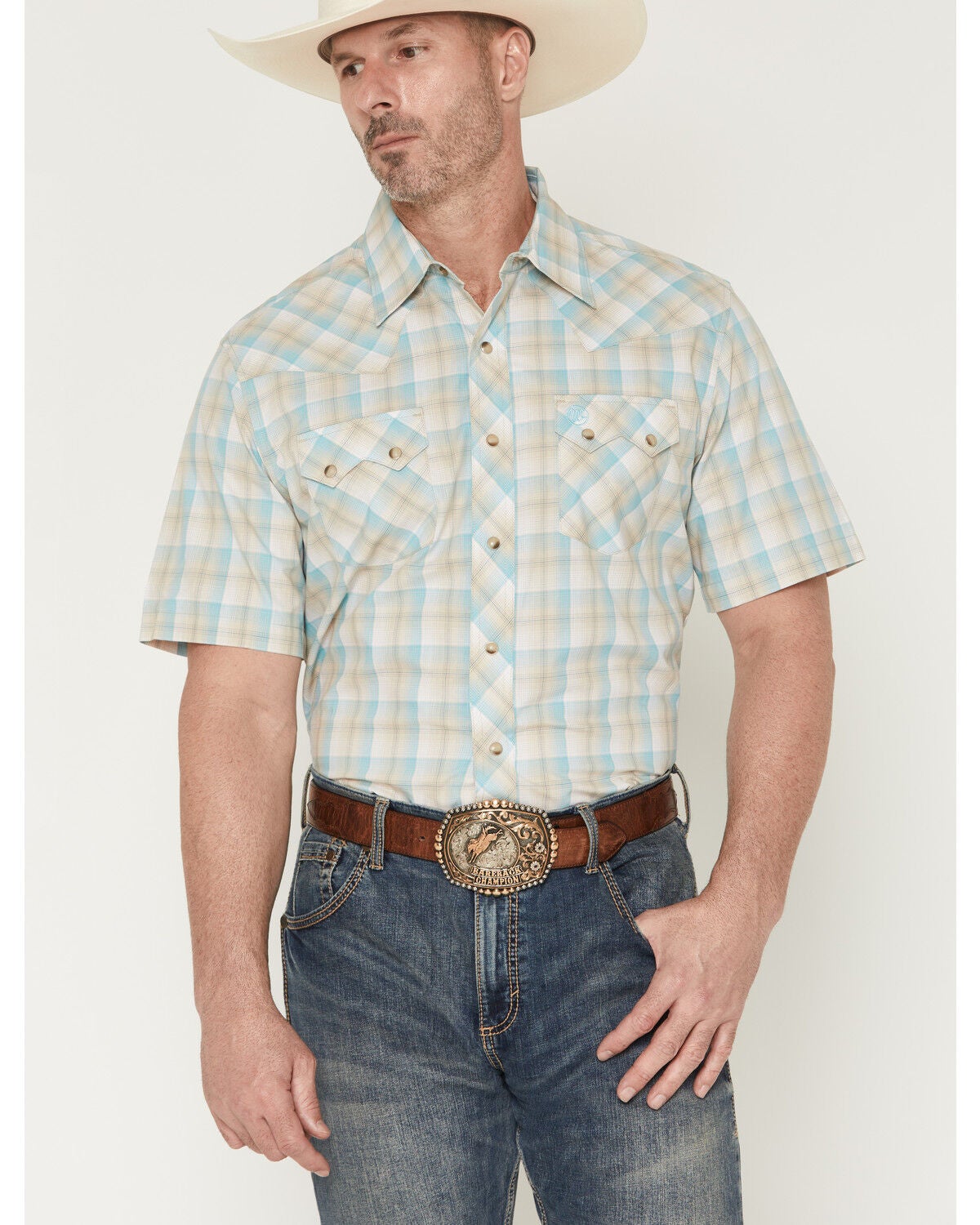 Wrangler Retro Men's Plaid Print Short Sleeve Snap Western Shirt, Tan, hi-res