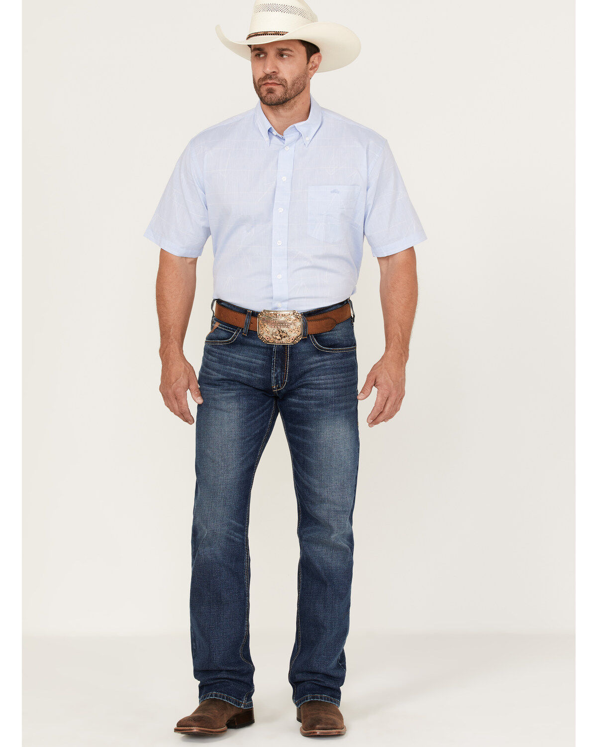 Image #2 - Resistol Men's Bell Solid Short Sleeve Button Down Western Shirt, Light Blue, hi-res