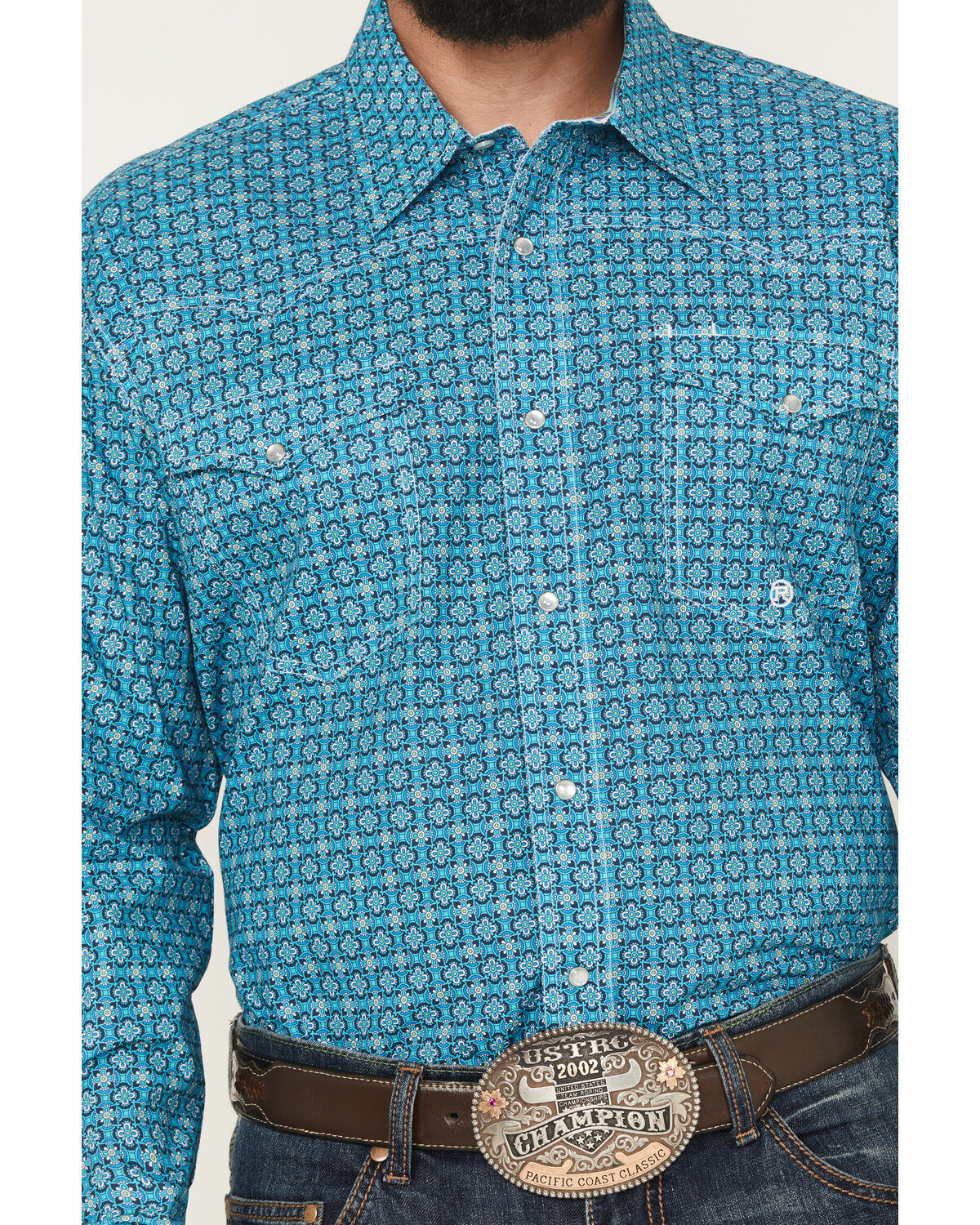 Image #3 - Roper Men's Amarillo Geo Print Long Sleeve Pearl Snap Western Shirt, Teal, hi-res