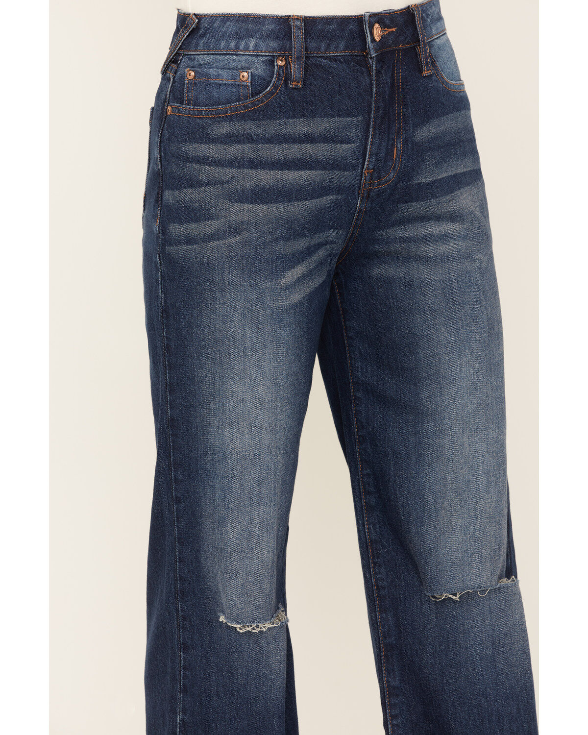 Product Name:  Cleo + Wolf Women's Medium Wash High Rise Distressed Knee Flare Jeans