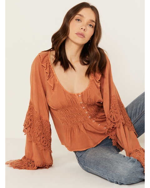 Scully Women's Long Sleeve Crochet Lace Trim Top, Rust Copper, hi-res